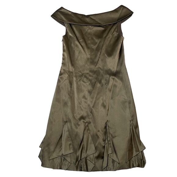 NEW Karen Millen Silk Off Shoulder Mini Dress Metallic Khaki Green - US Size 6 - Picture 9 of 11